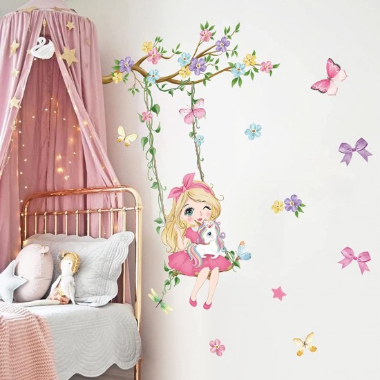 Sticker decorativ, Fetita cu leagan si unicorn, 90 cm, 1139STK