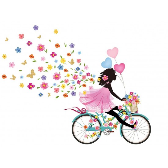 Sticker decorativ, Fata pe bicicleta cu fluturi, 90 cm, 1141STK-1