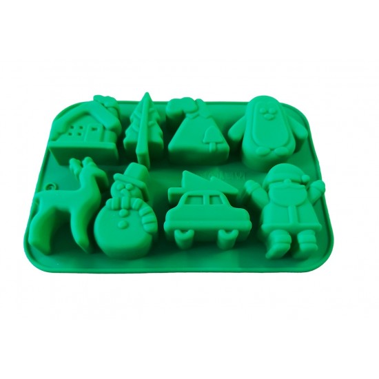 Forma silicon pentru prajituri, Tema Craciun, 8 cavitati, Verde, 20 cm, 481COF