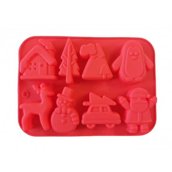 Forma silicon pentru prajituri, Tema Craciun, 8 cavitati, Rosu, 20 cm, 483COF