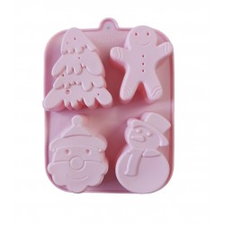 Forma silicon pentru prajituri, Tema Craciun, Brad, Mos Crciun, Om de turta dulce, Om de zapada, 4 cavitati, Roz, 20 cm, 487COF