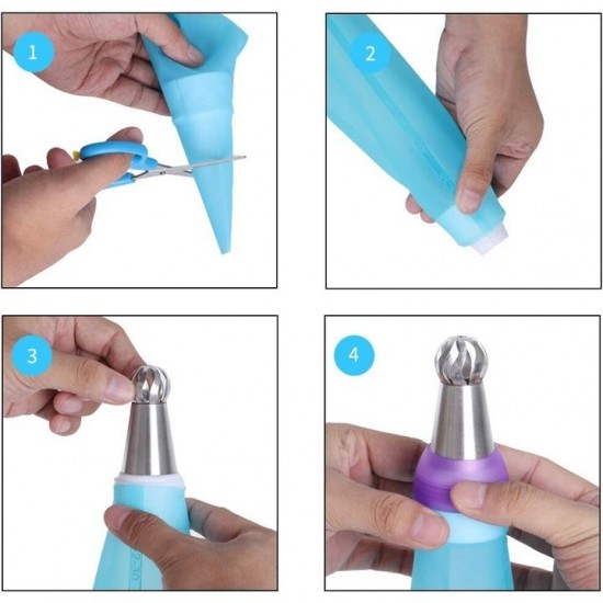 Set 10 piese, 7 Duiuri de Ornament pentru Torturi si Prajituri, 1 pos silicon. 1 adaptor, 100 de posuri, 562COF