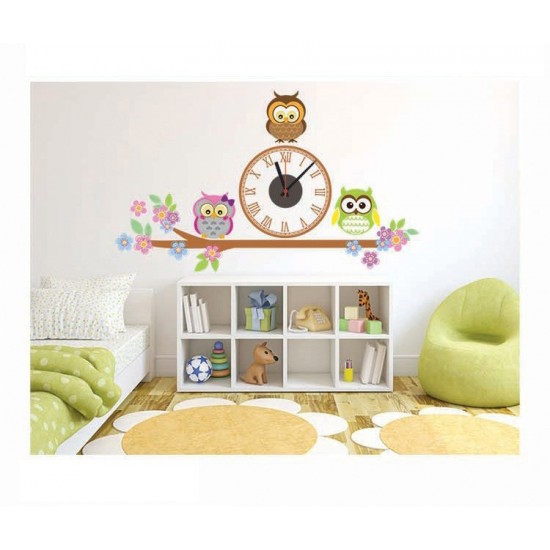 Ceas decorativ de perete, Bufnite, Ceas cu Autocolant, 55 cm, CD871