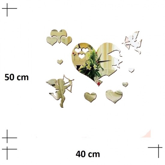 Ceas decorativ de perete, Inima, Oglinda acrilica, 50 cm,  ZB075