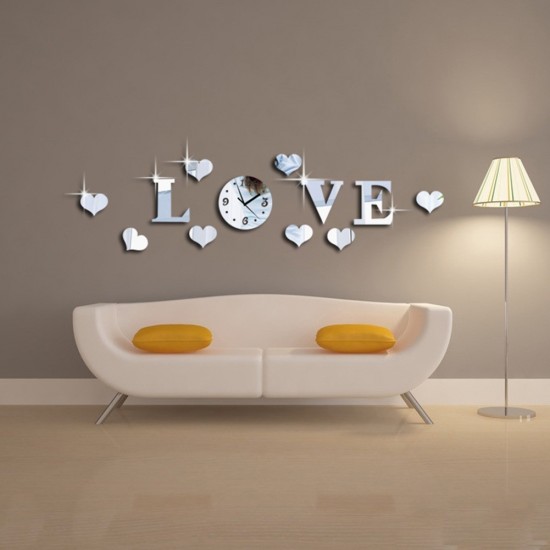 Ceas decorativ de perete, Love, Oglinda acrilica, 50 cm, LK-13
