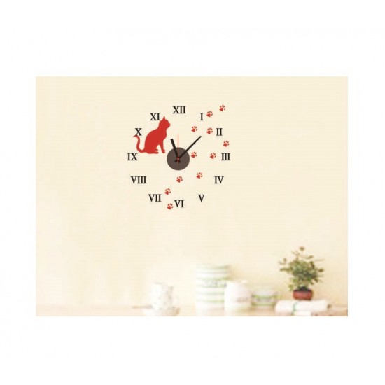 Ceas decorativ de perete, Pisica, Ceas cu Autocolant, 47 cm, CD826
