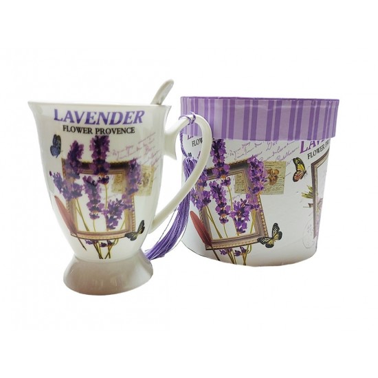 Cana din ceramica cu lingurita, Model cu lavanda, Mov, DO116G-A