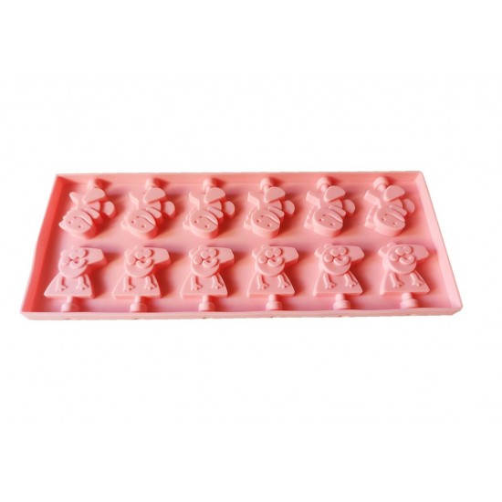 Forma silicon 12 cavitati, Peppa Pig si Dinosaur, Acadele din ciocolata sau Acadele din zahar, Roz, 26 cm, 246COF