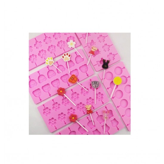Forma silicon 12 cavitati, Peppa Pig si Dinosaur, Acadele din ciocolata sau Acadele din zahar, Roz, 26 cm, 246COF