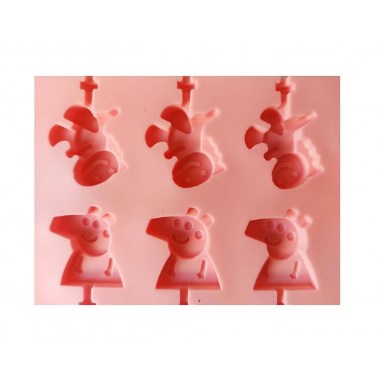 Forma silicon 12 cavitati, Peppa Pig si Dinosaur, Acadele din ciocolata sau Acadele din zahar, Roz, 26 cm, 246COF