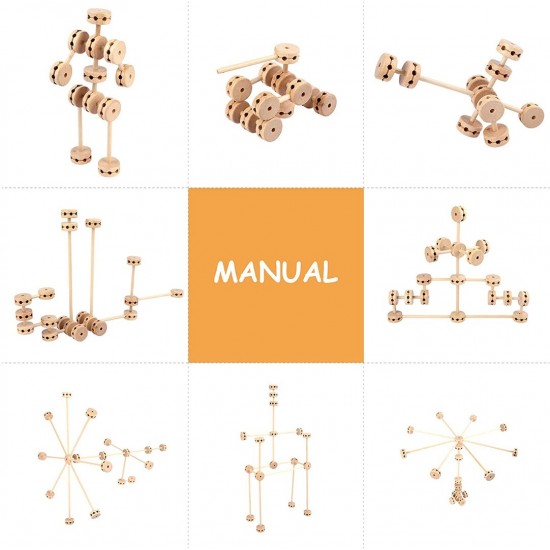 Jucarie de indemanare, Set constructii din lemn natural, 60 piese, SL1500 Jucarie de indemanare, Set constructii din lemn natural, 60 piese, SL1500