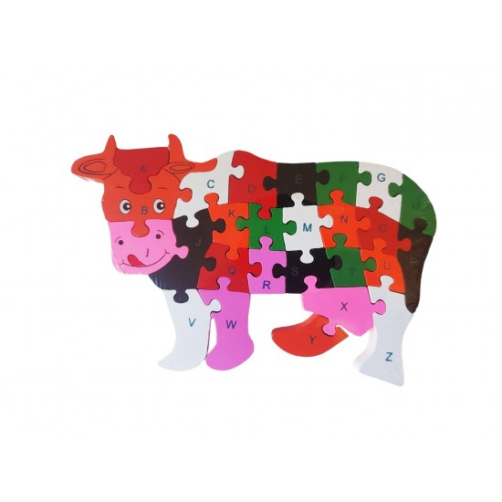 Puzzle 3D din lemn pentru copii cu Alfabet si Cifre, Vacuta, 26 piese, 26 cm, 18005SX