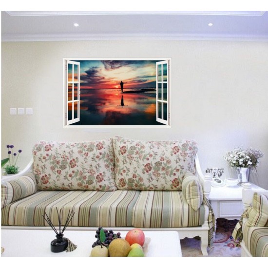 Sticker decorativ, Fereastra 3D, Ocean, Apus, 85 cm, 586STK