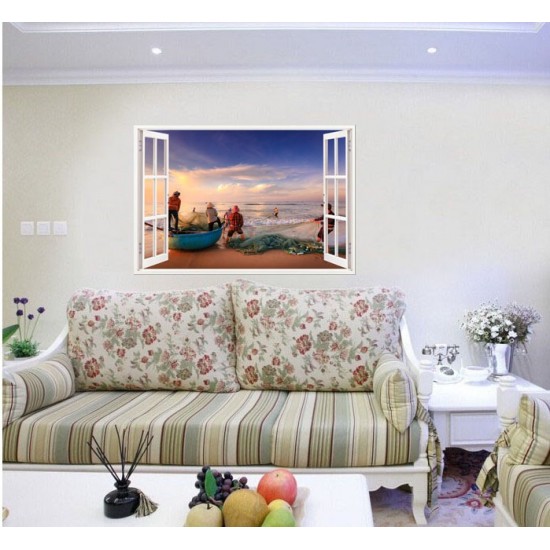 Sticker decorativ, Fereastra 3D, Pescari, Vietnam, 85 cm, 587STK