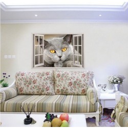 Sticker decorativ, Fereastra 3D, Pisica, 85 cm, 505STK