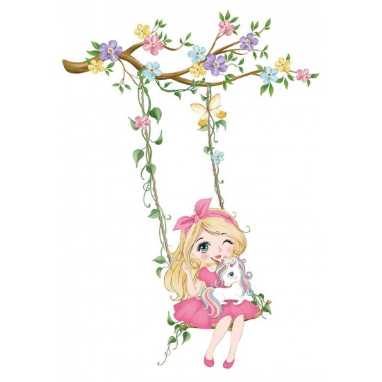 Sticker decorativ, Fetita cu leagan si unicorn, 90 cm, 1139STK Sticker decorativ, Fetita cu leagan si unicorn, 90 cm, 1139STK