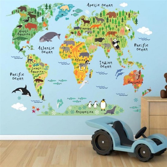 Sticker decorativ, Harta lumii a animalelor, 140 cm, 750STK Sticker decorativ, Harta lumii a animalelor, 140 cm, 750STK