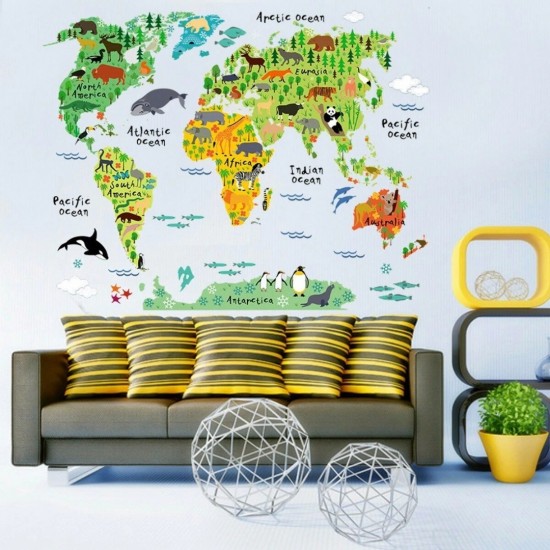 Sticker decorativ, Harta lumii a animalelor, 140 cm, 750STK Sticker decorativ, Harta lumii a animalelor, 140 cm, 750STK