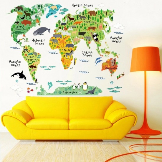 Sticker decorativ, Harta lumii a animalelor, 140 cm, 750STK Sticker decorativ, Harta lumii a animalelor, 140 cm, 750STK