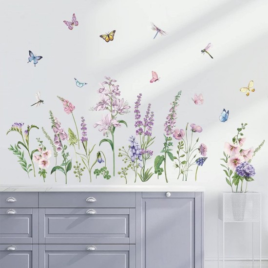 Sticker decorativ cu Flori mov cu fluturi, 120 cm, 1133STK