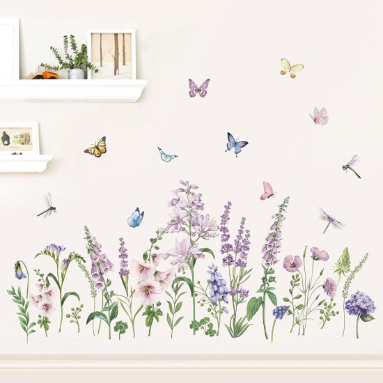 Sticker decorativ cu Flori mov cu fluturi, 120 cm, 1133STK