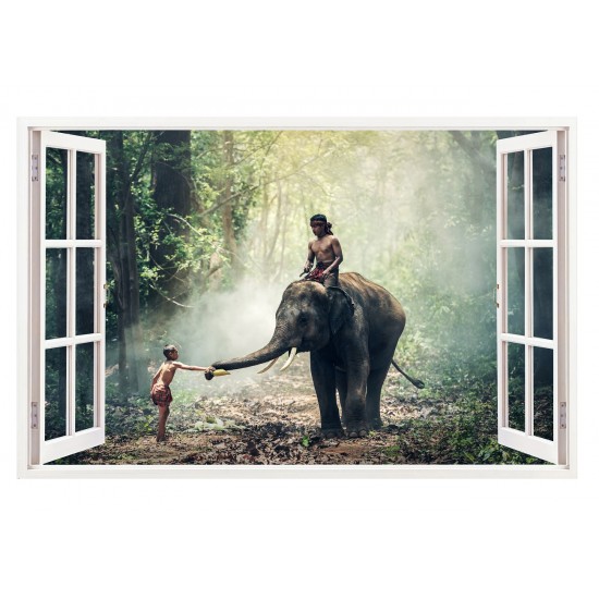 Sticker decorativ, Fereastra 3D, Elefant, 85 cm, 287STK