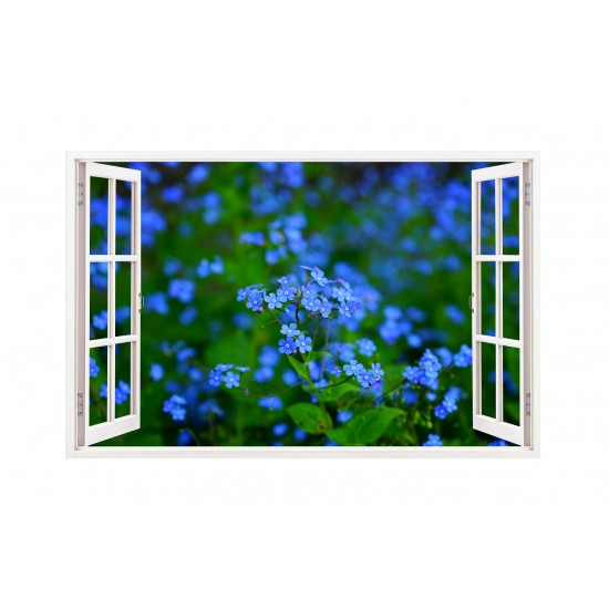 Sticker decorativ, Fereastra 3D, Flori albastre, 85 cm, 245STK