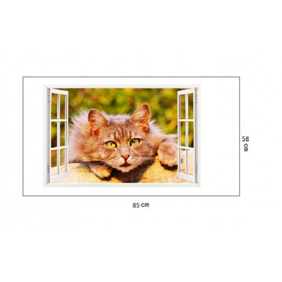 Sticker decorativ, Fereastra 3D, Pisica, 85 cm, 300STK