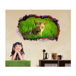 Sticker decorativ, Gaura in perete 3D, Pisica, 85 cm, 408STK
