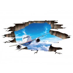 Sticker decorativ 3D, Gaura in perete, avion pe cer  115 cm, 97STK