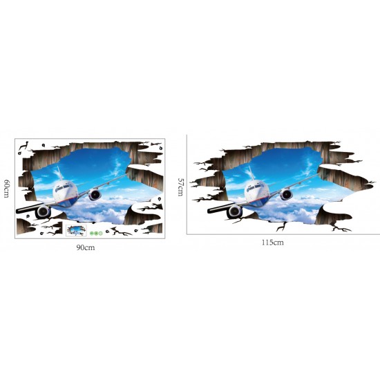 Sticker decorativ 3D, Gaura in perete, avion pe cer  115 cm, 97STK