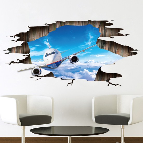 Sticker decorativ 3D, Gaura in perete, avion pe cer  115 cm, 97STK