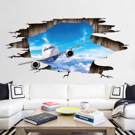 Sticker decorativ 3D, Gaura in perete, avion pe cer  115 cm, 97STK