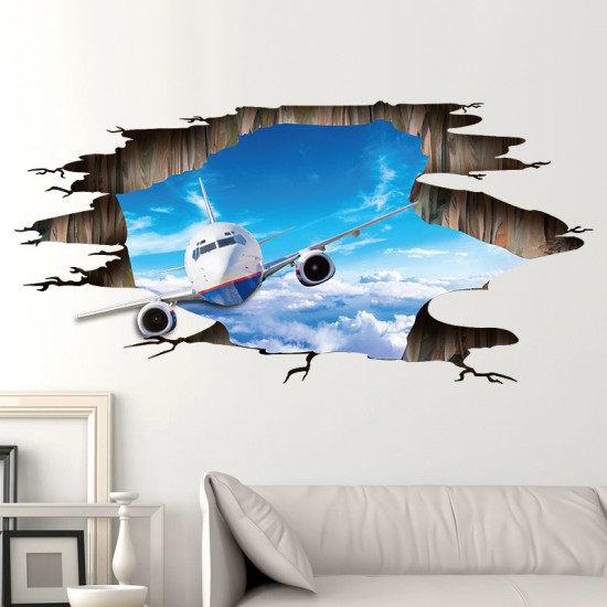 Sticker decorativ 3D, Gaura in perete, avion pe cer  115 cm, 97STK