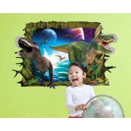 Sticker decorativ 3D, Gaura in perete spre lumea dinozaurilor  85 cm, 424STK