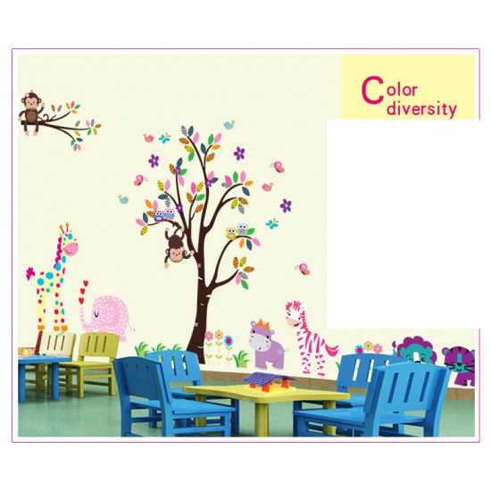 Sticker decorativ, copacel cu animalute 180 cm, 57STK