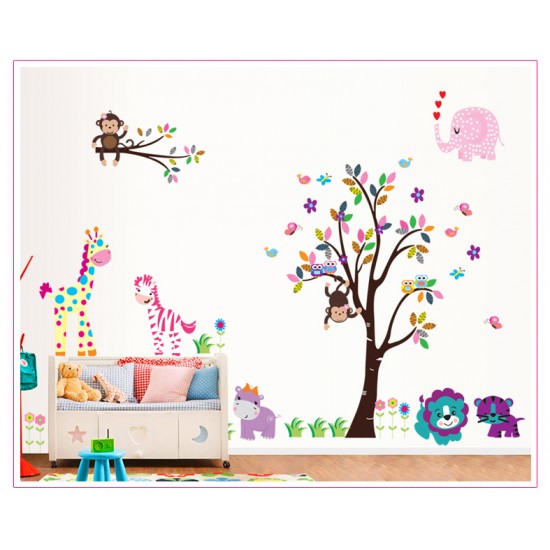 Sticker decorativ, copacel cu animalute 180 cm, 57STK
