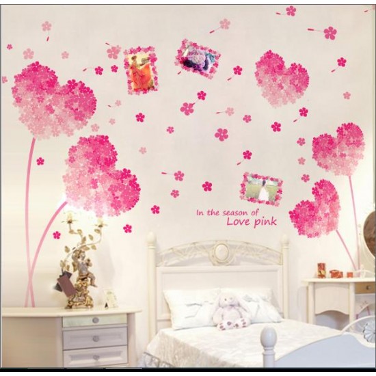 Sticker  decorativ,  flori roz in forma de inima cu 2 rame foto, 185 cm, 92STK