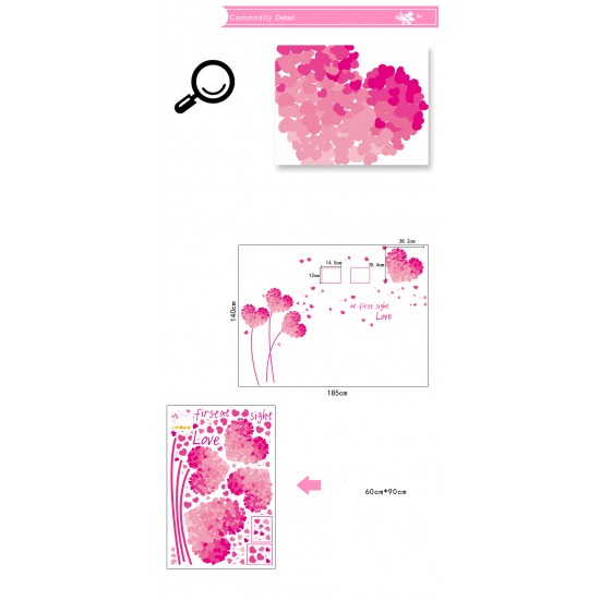 Sticker  decorativ,  flori roz in forma de inima cu 2 rame foto, 185 cm, 92STK