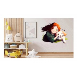 Sticker decorativ, Fetita si Catelul, Portocaliu, 69 cm, 1294STK-2