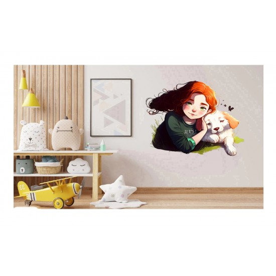 Sticker decorativ, Fetita si Catelul, Portocaliu, 69 cm, 1294STK-2