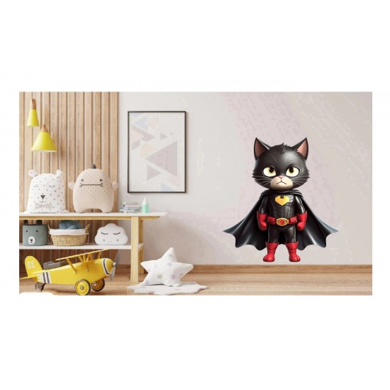 Sticker decorativ, Pisica Supererou, Negru, 64 cm, 1318STK