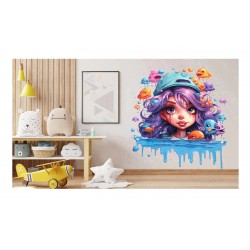 Sticker decorativ, Culori Pastelate, Fata, Mov, Albastru, 62 cm, 1347STK-6