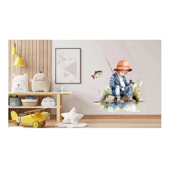 Sticker decorativ, Baiat la Pescuit, Multicolor, 64 cm, 1289STK-5