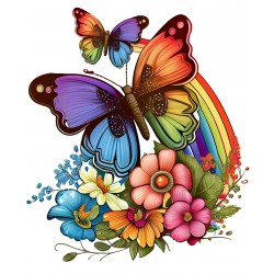Sticker decorativ, Fluture, Curcubeu si Flori, Multicolor, 68 cm, 1210STK