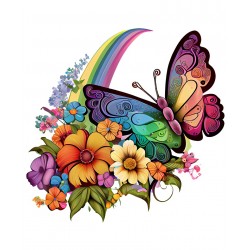 Sticker decorativ, Fluture, Curcubeu si Flori, Multicolor, 68 cm, 1210STK-4
