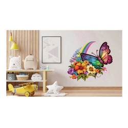 Sticker decorativ, Fluture, Curcubeu si Flori, Multicolor, 68 cm, 1210STK-4