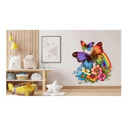 Sticker decorativ, Fluture, Curcubeu si Flori, Multicolor, 68 cm, 1210STK